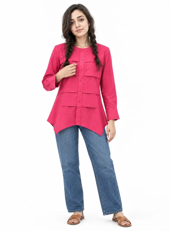 Nectar — model wearing the fuchsia pink cotton closed neck button down flat pleat shirt