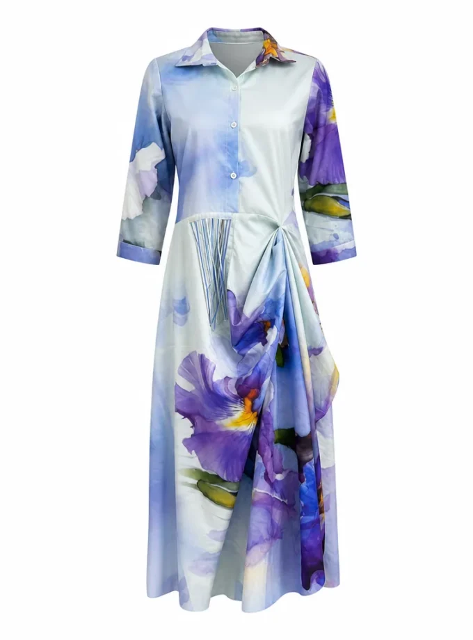 Noelle lavender printed glaze cotton cowl dress with tassel detailing over the pocket shown as a product shot