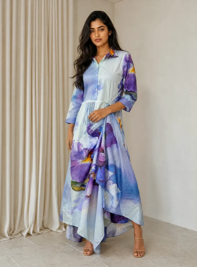 Noelle — model wearing the lavender printed glaze cotton cowl dress with tassel detailing