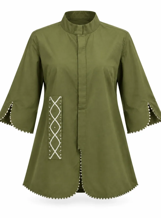 NOLA military green mandarin collar high-low shirt shown on an invisible mannequin, with black & white lace detailing on the hem and sleeve cuffs