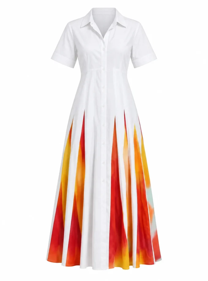 Odessa white glaze cotton water print fish panel maxi dress shown alone on an invisible mannequin