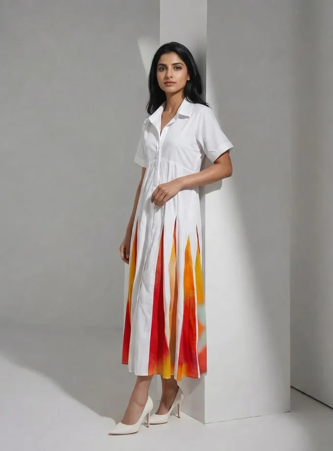 Odessa — model wearing the white water print glaze cotton fish panel maxi dress