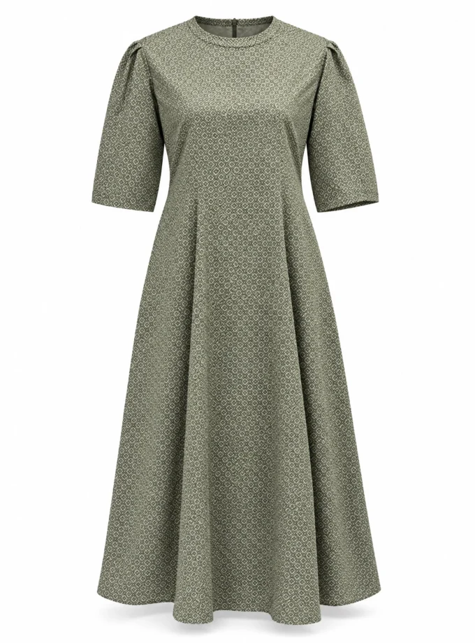 Olive geo print high neck A line dress with sleeves shown alone on an invisible mannequin