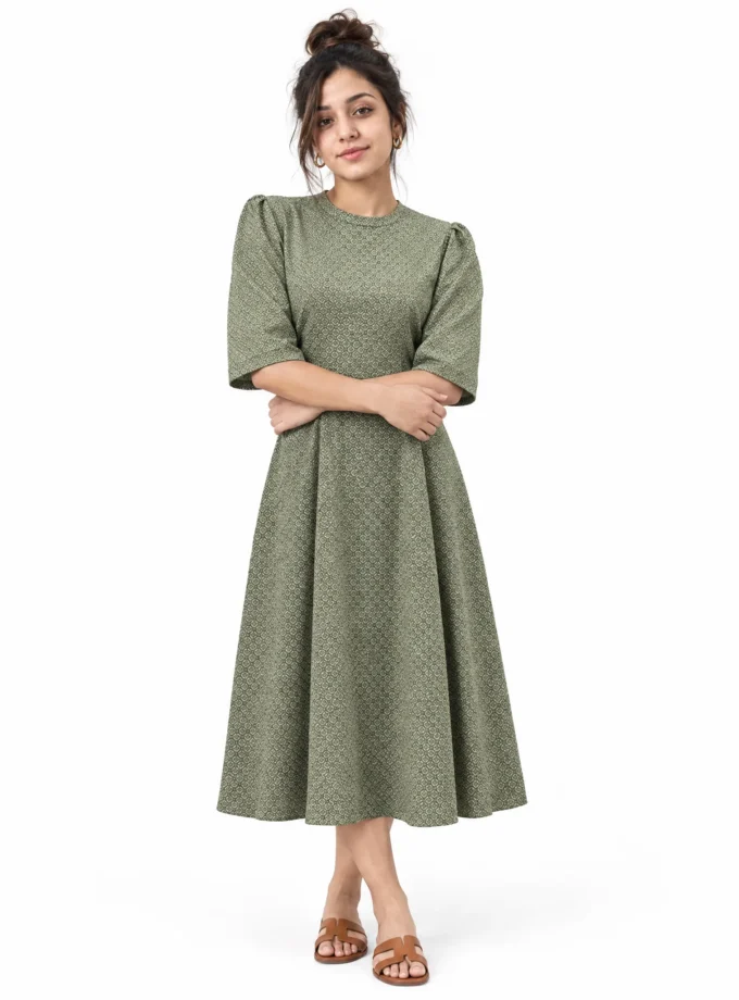 Olive — model wearing the olive geo print high neck A line dress with sleeves