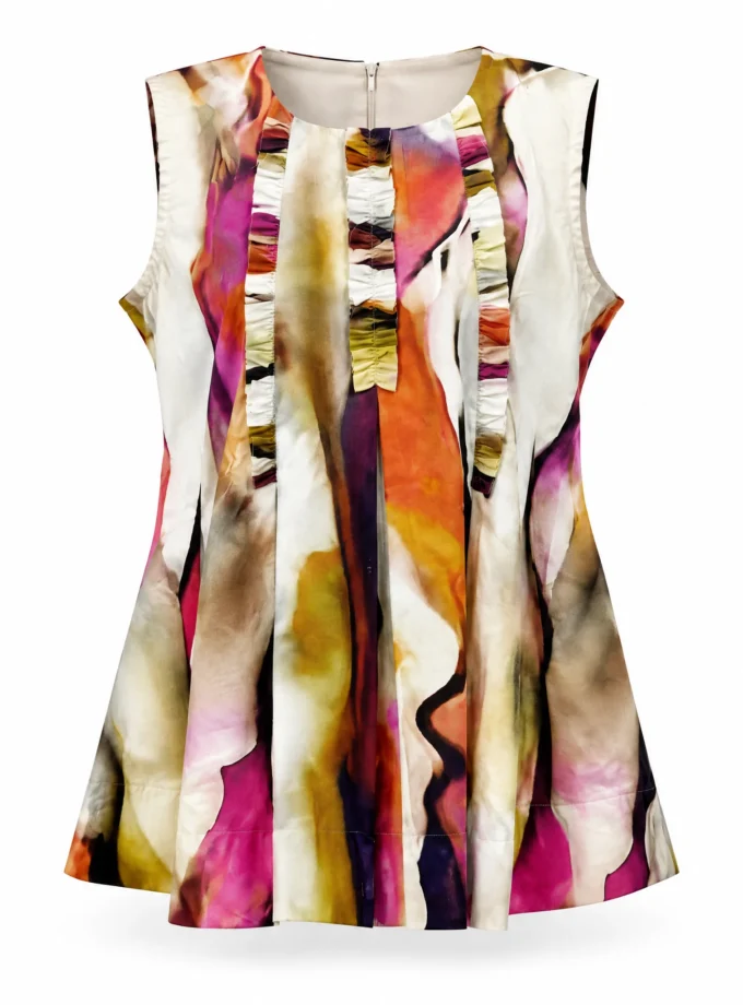 Onyx vertical print glaze cotton sleeveless pleated yoke top shown alone on an invisible mannequin