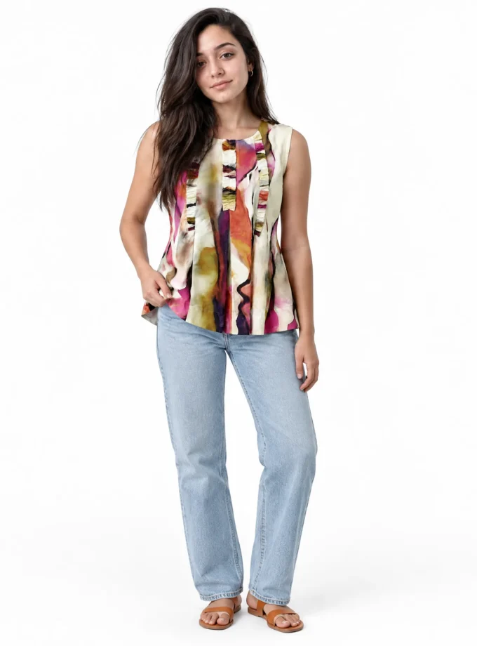 Onyx — model wearing the vertical print glaze cotton sleeveless pleated yoke top