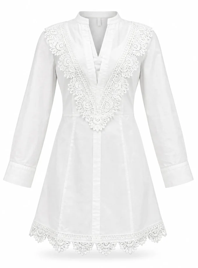 Oriana white cotton yoke dress with elaborate cotton and lace detailing shown alone on an invisible mannequin