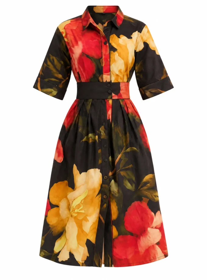 Paloma old rose print glaze cotton midi dress with a thick belt shown alone on an invisible mannequin