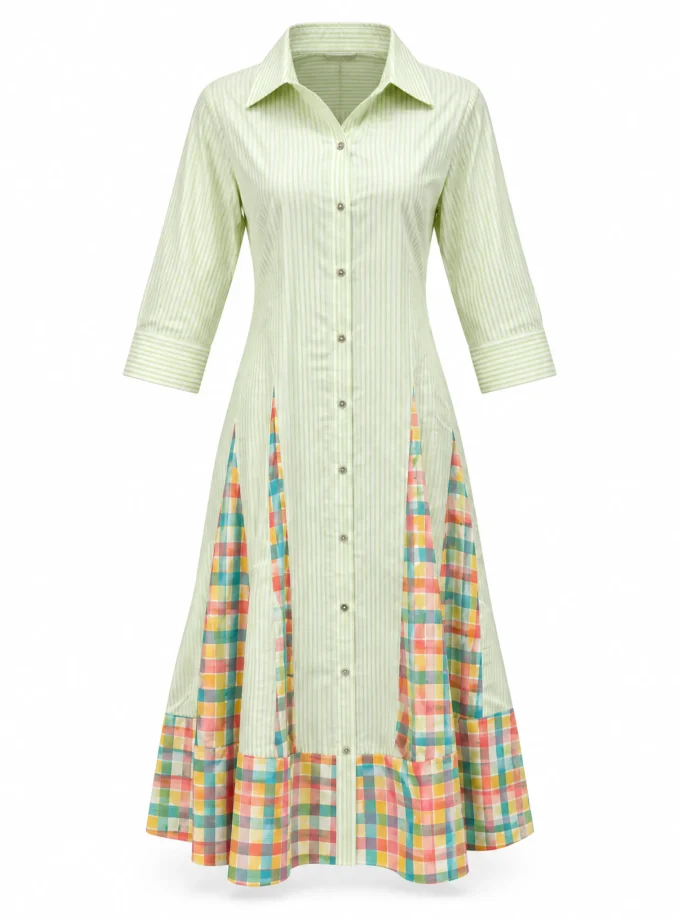 Pearl lime stripe cotton fish panel dress shown alone on an invisible mannequin