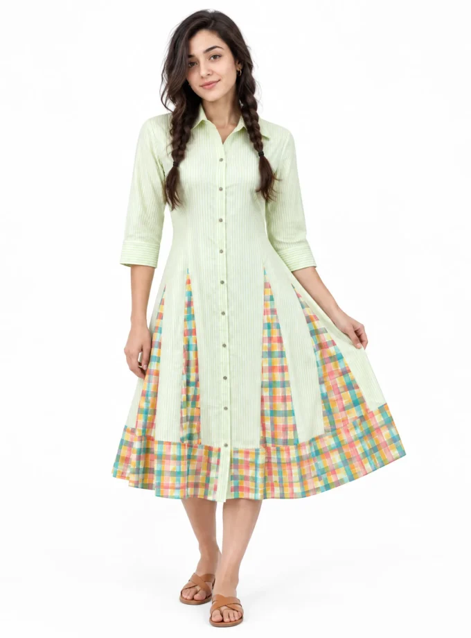 Pearl - model wearing the lime stripe cotton fish panel dress