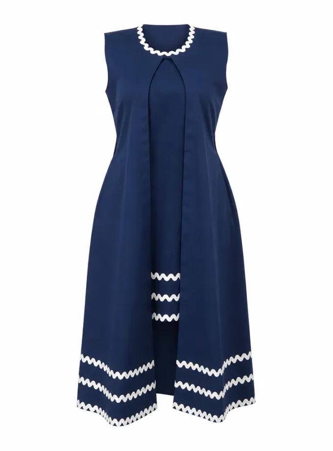 Petal navy cotton A line dress with wave lace hem and navy cotton open long sleeveless jacket with wave lace detailing shown together on an invisible mannequin