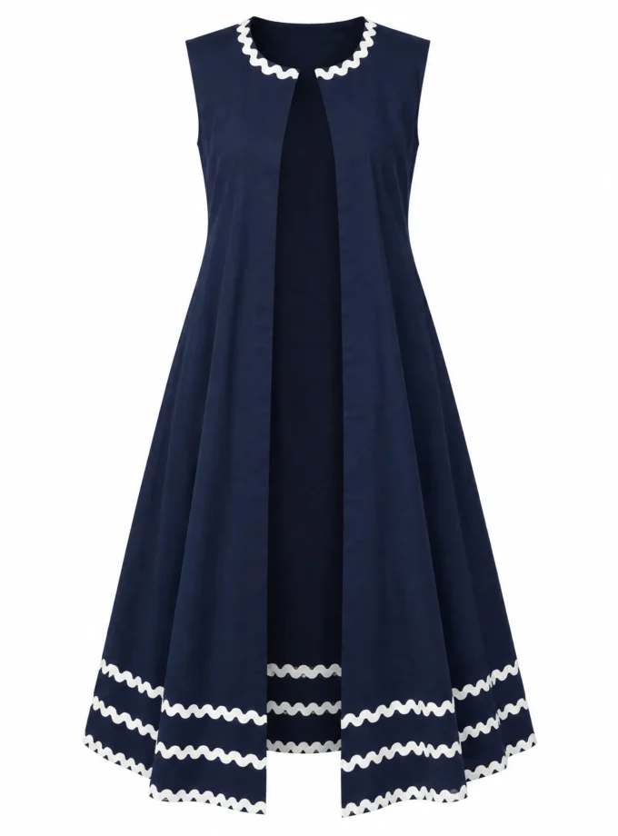 Petal navy cotton open long sleeveless jacket with wave lace detailing shown alone on an invisible mannequin