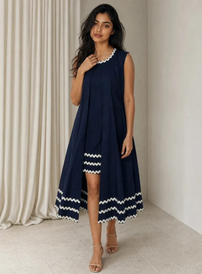 Petal — model wearing the navy cotton A line dress with wave lace hem and the navy cotton open long sleeveless jacket with wave lace detailing