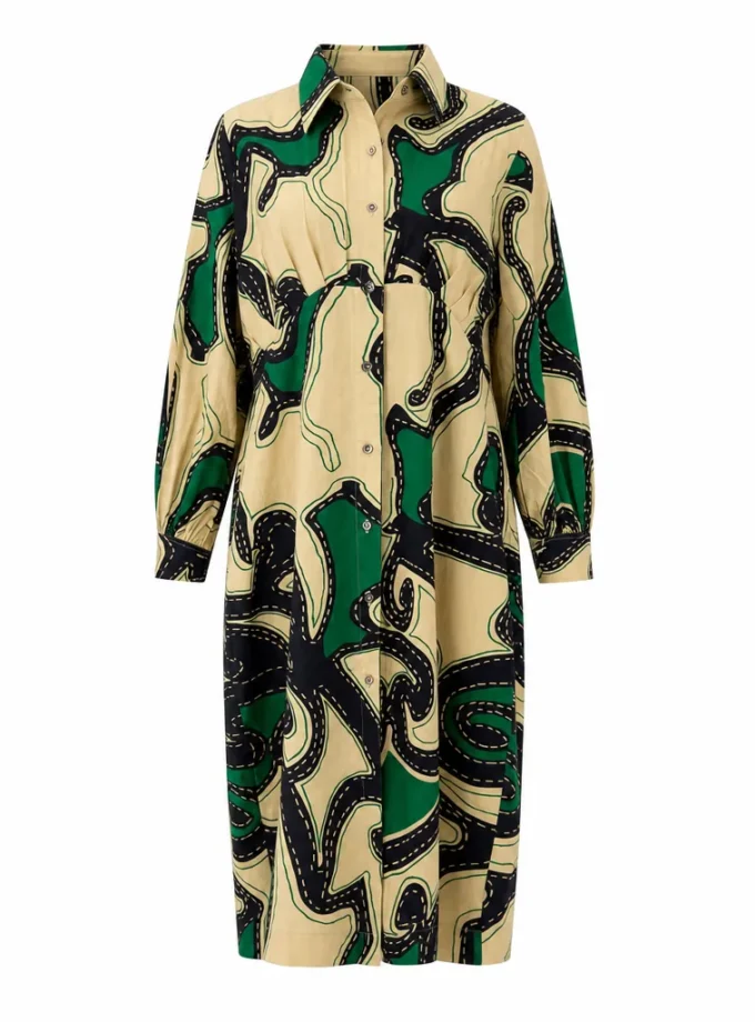 Plume abstract print glaze cotton pleated yoke straight fit dress shown alone on an invisible mannequin