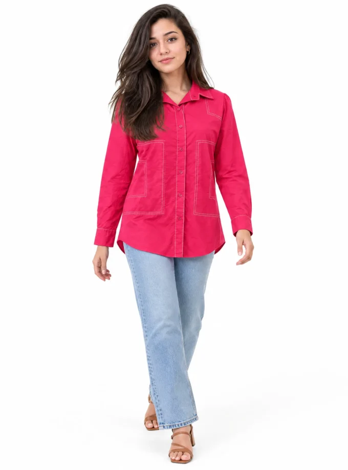 Plix — model wearing the fuchsia pink cotton all over Eryn stitch shirt