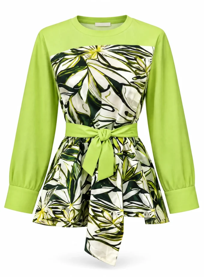 Prude leaf print glaze cotton faux corset top with lime sleeves shown alone on an invisible mannequin