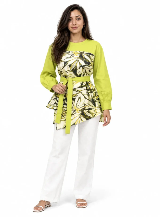 Prude — model wearing the leaf print glaze cotton faux corset top with lime sleeves