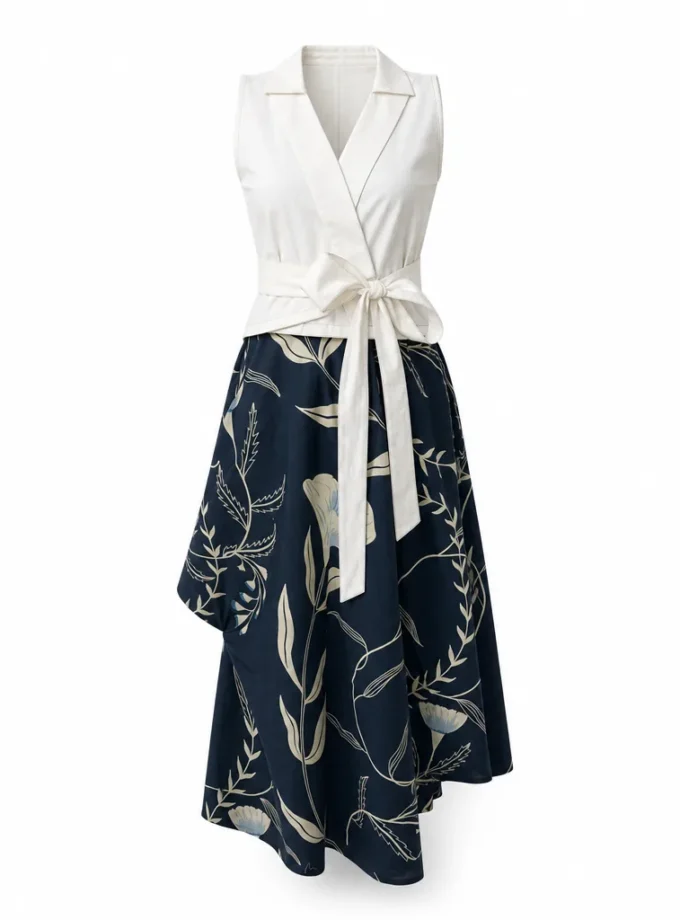 Rain white cotton overlap sleeveless wrap top and blue forest print glaze cotton cowl layer skirt shown together on an invisible mannequin