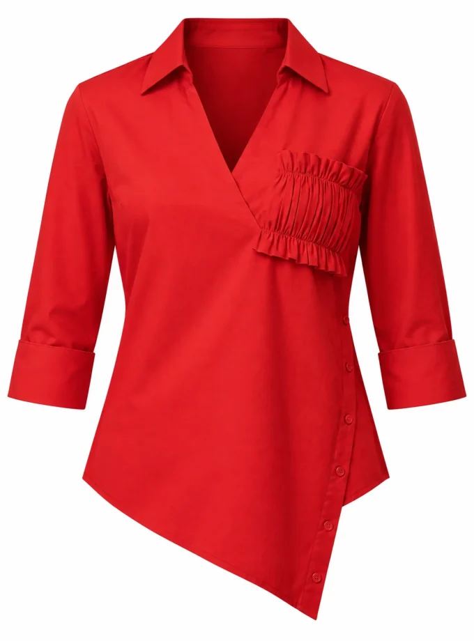 Raina hot red cotton wrap button shirt with ruched pocket detailing shown alone on an invisible mannequin