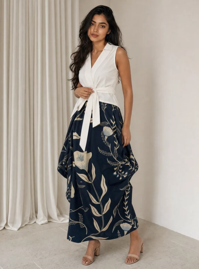 Rain — model wearing the white cotton overlap sleeveless wrap top with the blue forest print glaze cotton cowl layer skirt