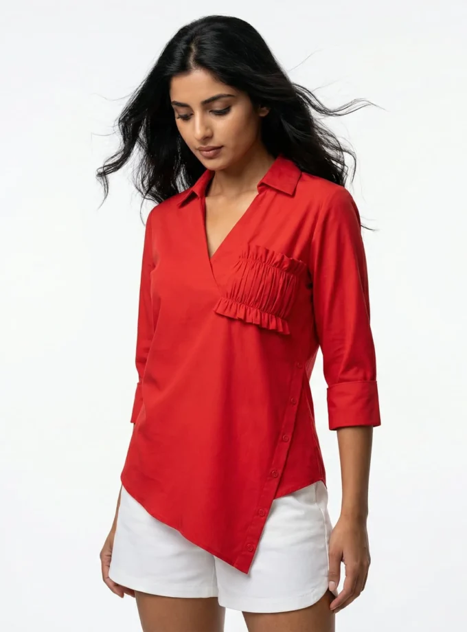 Raina — model wearing the hot red wrap button shirt with ruched pocket detailing