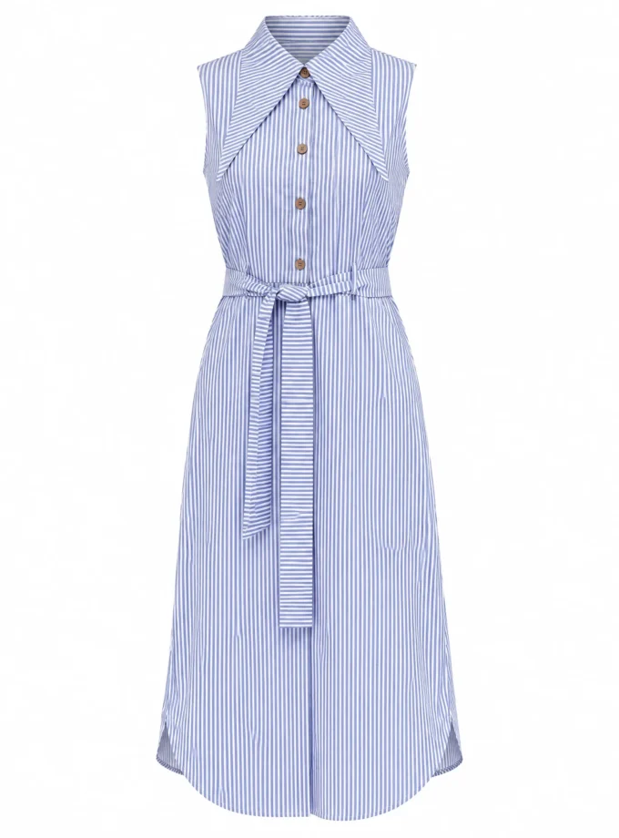 Rhea blue and white striped long collar midi dress shown alone on an invisible mannequin, with pointed collar, button placket and self-tie belt