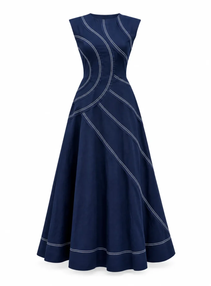 Romy navy cotton faux patched maxi dress shown alone on an invisible mannequin