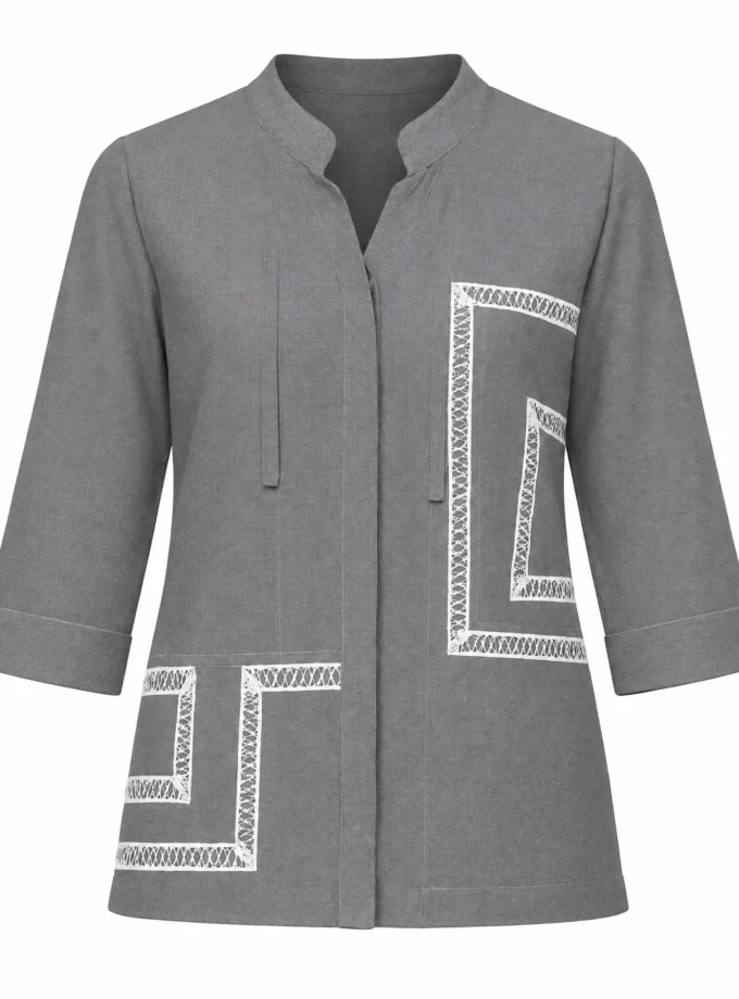 Rosalie light grey h-loom shirt with white lace panel detailing shown alone on an invisible mannequin