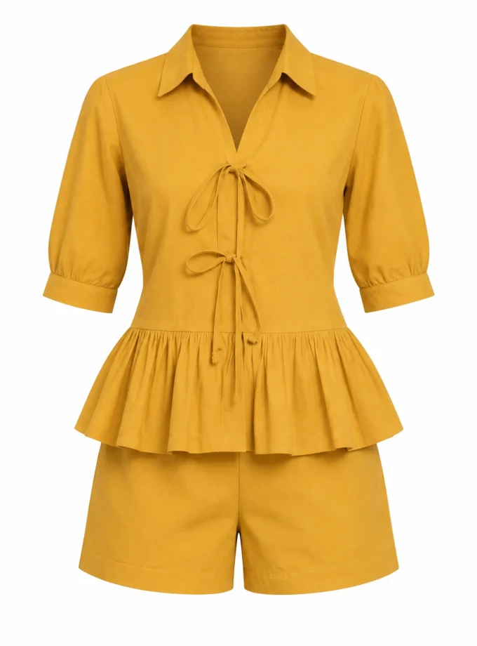Sylvie mango yellow h-loom tie up top and shorts shown together on an invisible mannequin