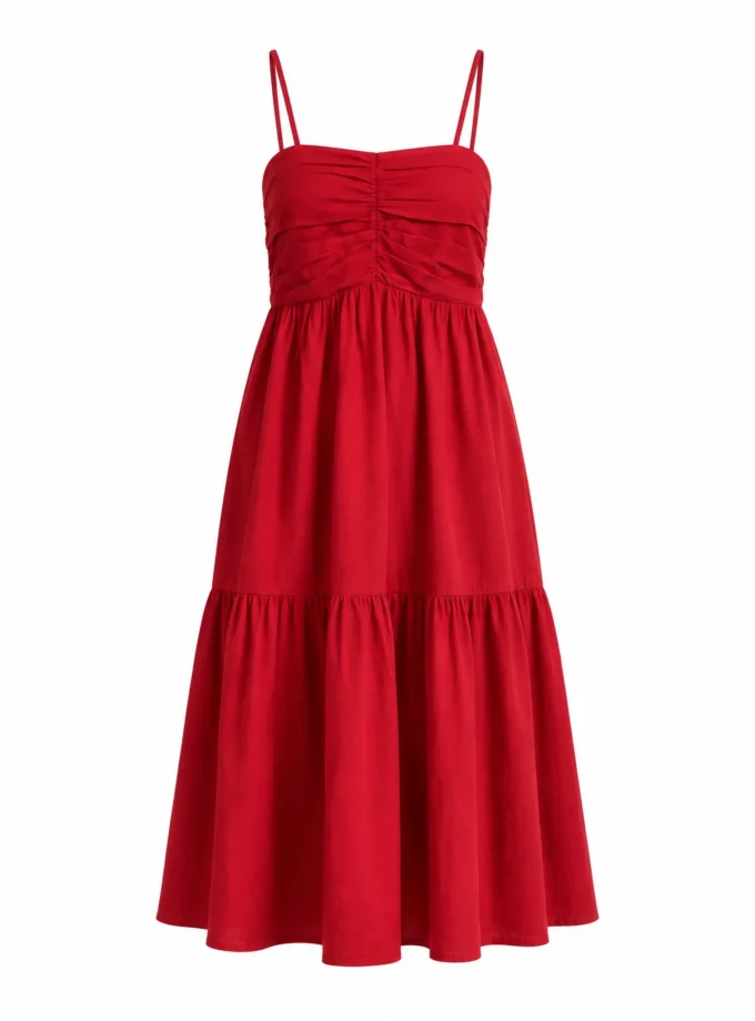 Sabine hot red ruched singlet dress with gathered layers shown alone on an invisible mannequin