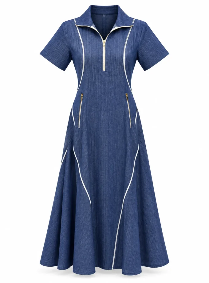 Seraphine herringbone denim long maxi dress with zipper shown alone on an invisible mannequin