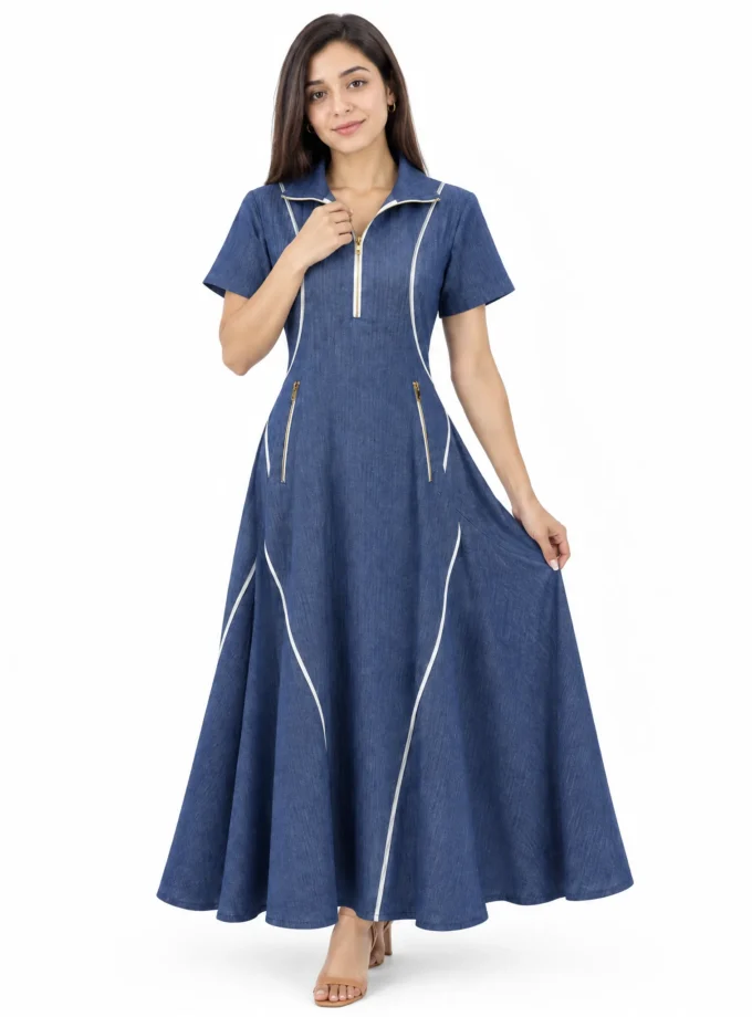Seraphine — model wearing the herringbone denim long maxi dress with zipper