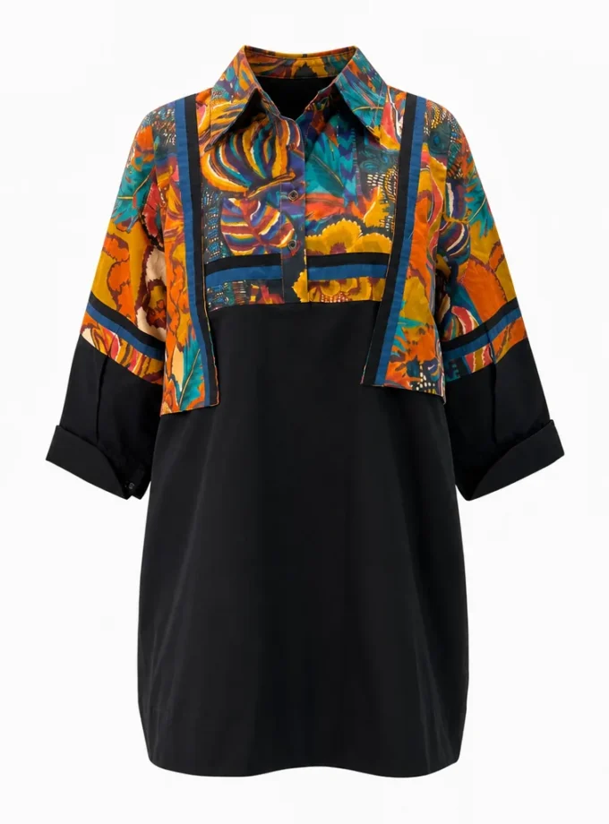 Serein black cotton straight shirt dress with geon print glaze cotton yoke, short length, shown alone on an invisible mannequin