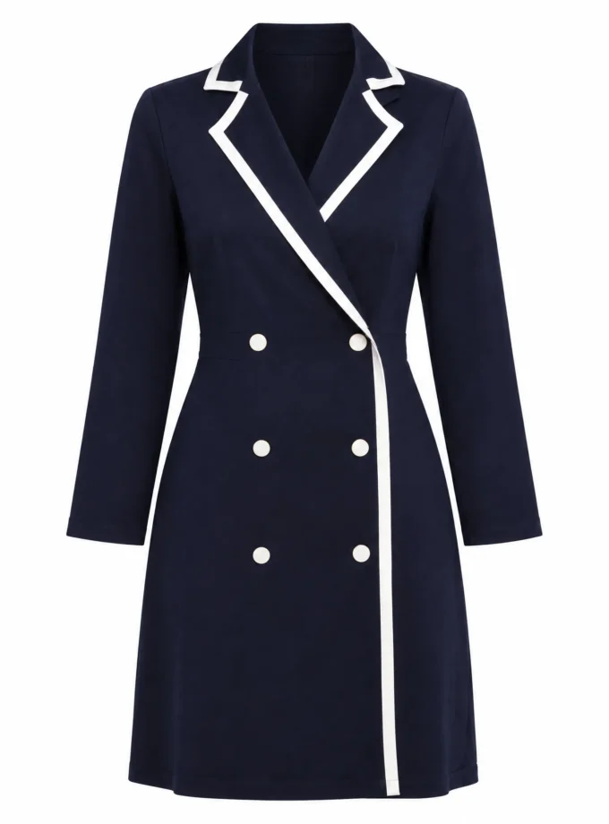 Sienna navy cotton blazer dress with white edging shown alone on an invisible mannequin