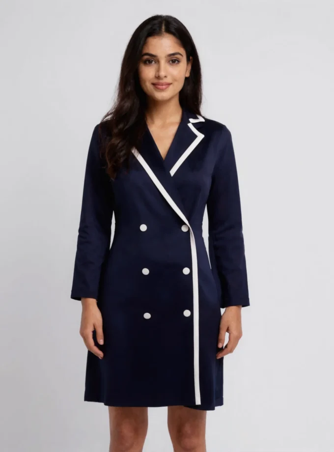 Sienna — model wearing the navy cotton blazer dress with white edging
