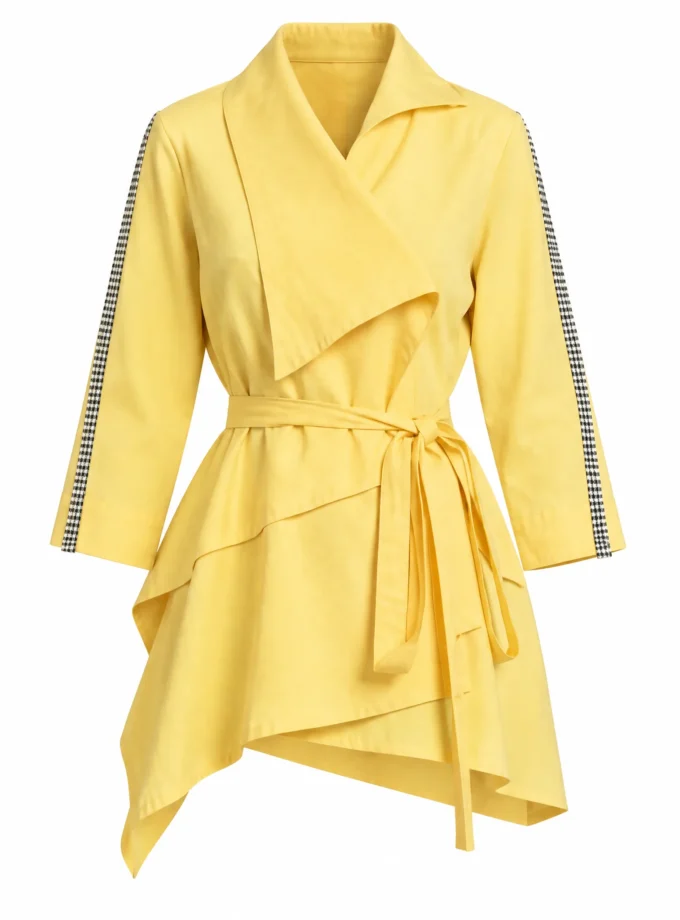 Solace powder yellow wrap round open jacket with a fabric belt tie up shown alone on an invisible mannequin