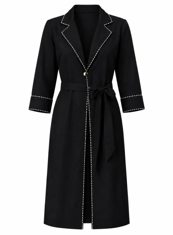 Soraya black h-loom one button jacket with white contrast stitching shown alone on an invisible mannequin