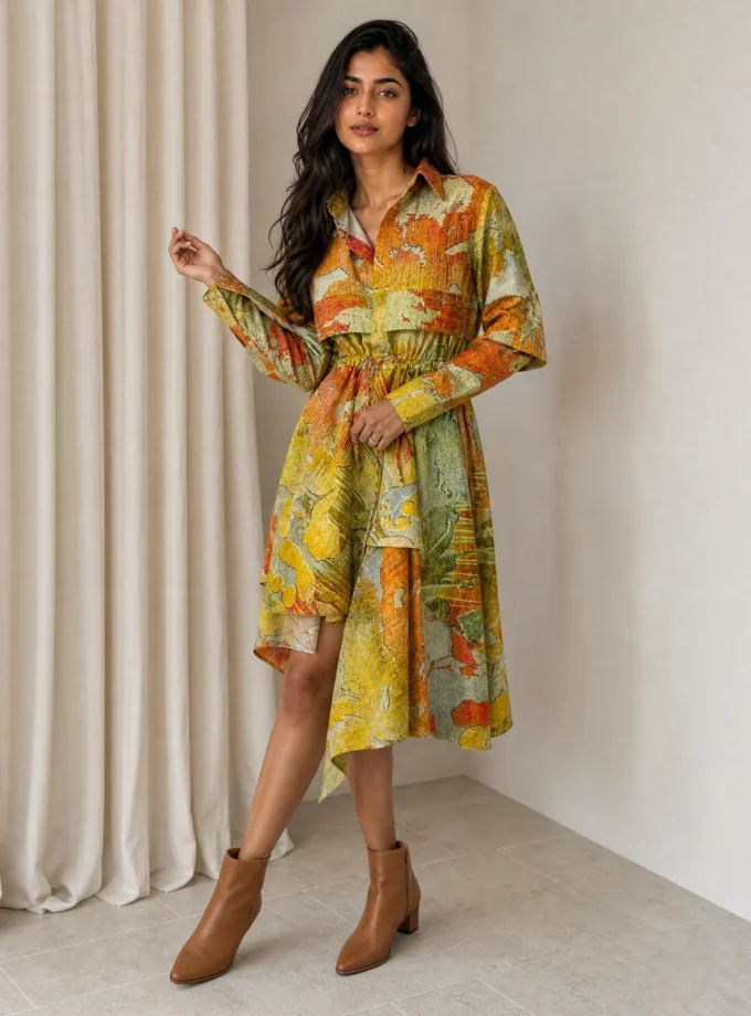 Spring — model wearing the digi print glaze cotton asymmetric high low dress with shirt collar and shirt sleeves