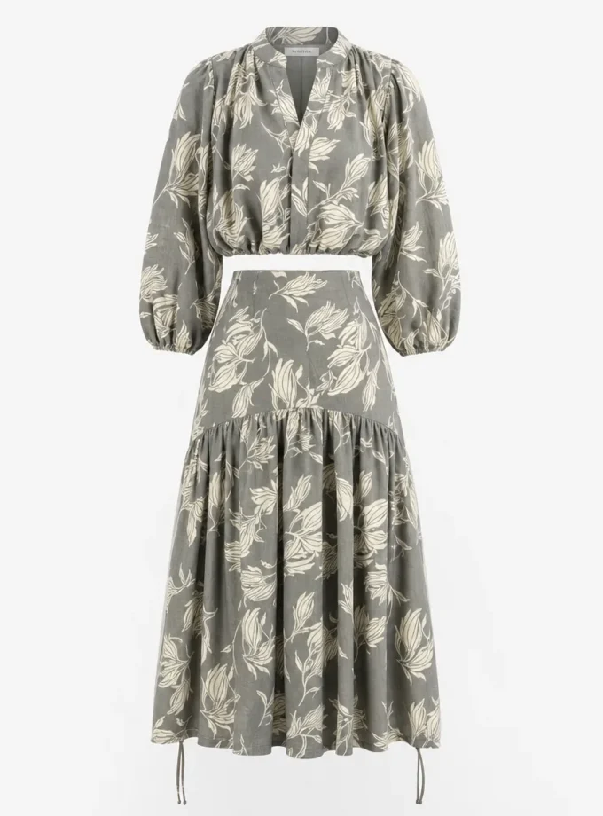 Stone grey floral printed drawstring pull crop top and grey floral printed corset yoke gathered skirt shown together on an invisible mannequin