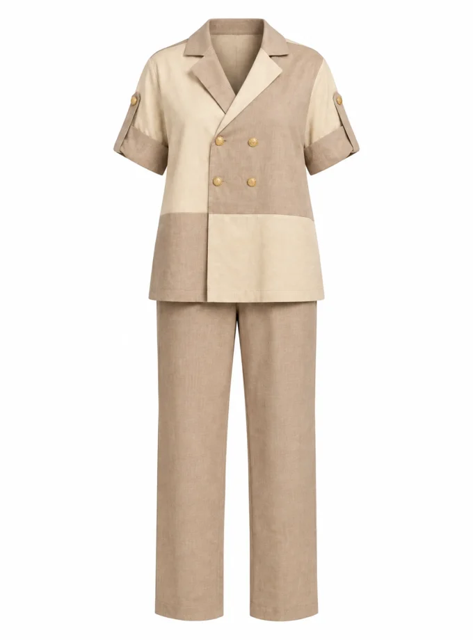 Talia beige and brown boxed collar shirt and straight fit pants shown together on an invisible mannequin