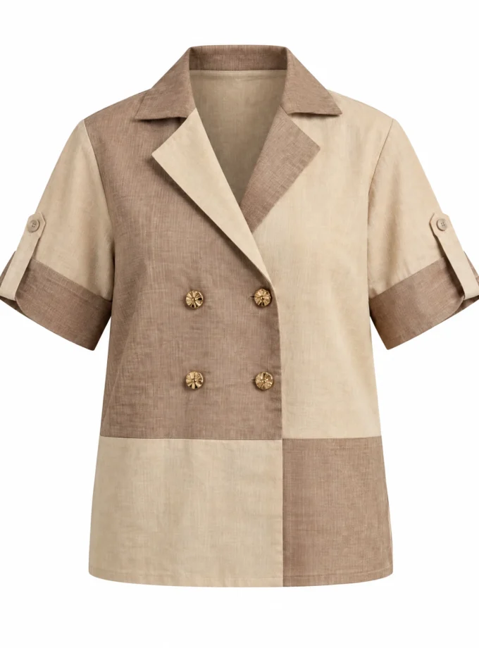 Talia beige and brown boxed collar shirt with four gold buttons shown alone on an invisible mannequin