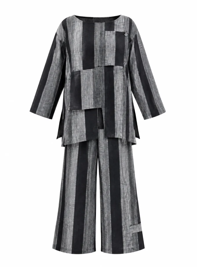 Tatiana black and grey stripe cotton round neck top with the matching loose fit pant shown together on an invisible mannequin