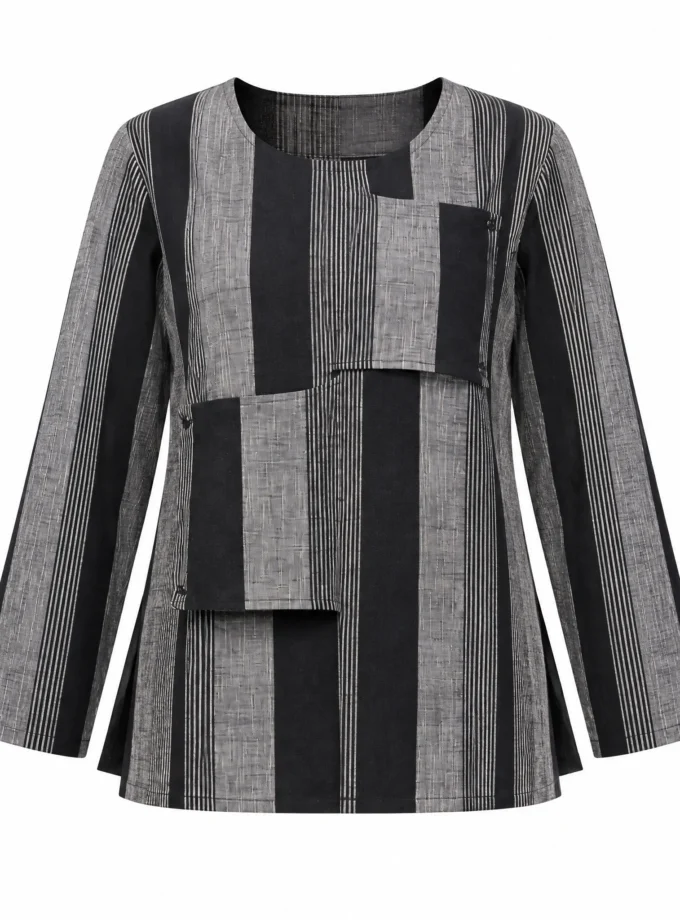 Tatiana black and grey stripe cotton round neck top shown alone on an invisible mannequin