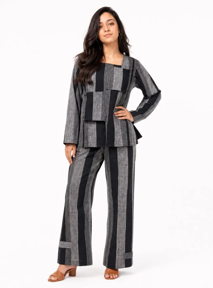Tatiana — model wearing the black and grey stripe cotton round neck top with the black and grey stripe cotton loose fit pant
