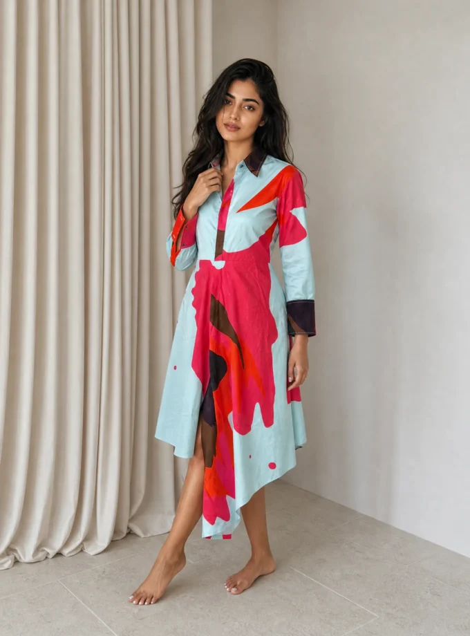 Terra — model wearing the sky print glaze cotton asymmetric dress with a low waist corset belt