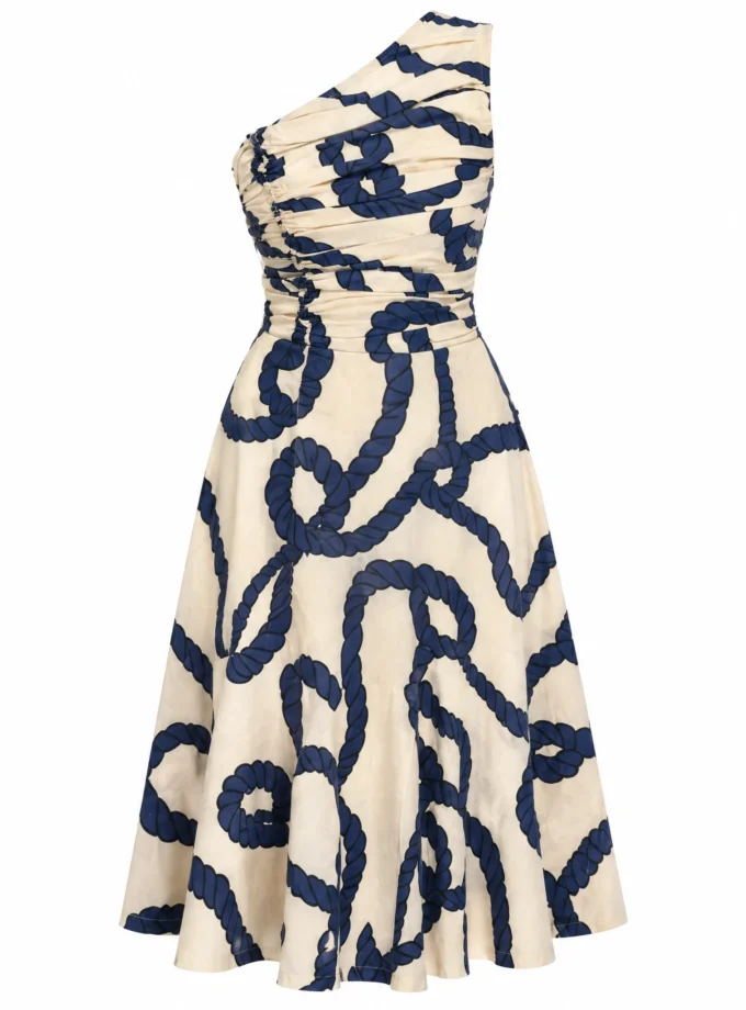 Tessa RO print glaze cotton one shoulder dress with ruched yoke shown alone on an invisible mannequin