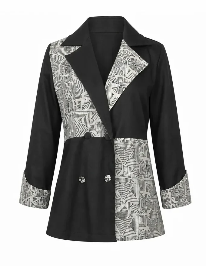 Thea black embroidered patch boxed collar shirt with upturn elbow sleeves shown alone on an invisible mannequin