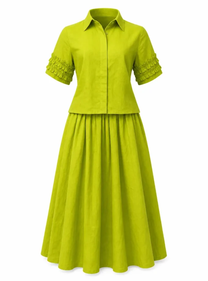 Tide bright green cotton crop shirt with pleated sleeve hem and bright green gathered maxi skirt shown together on an invisible mannequin