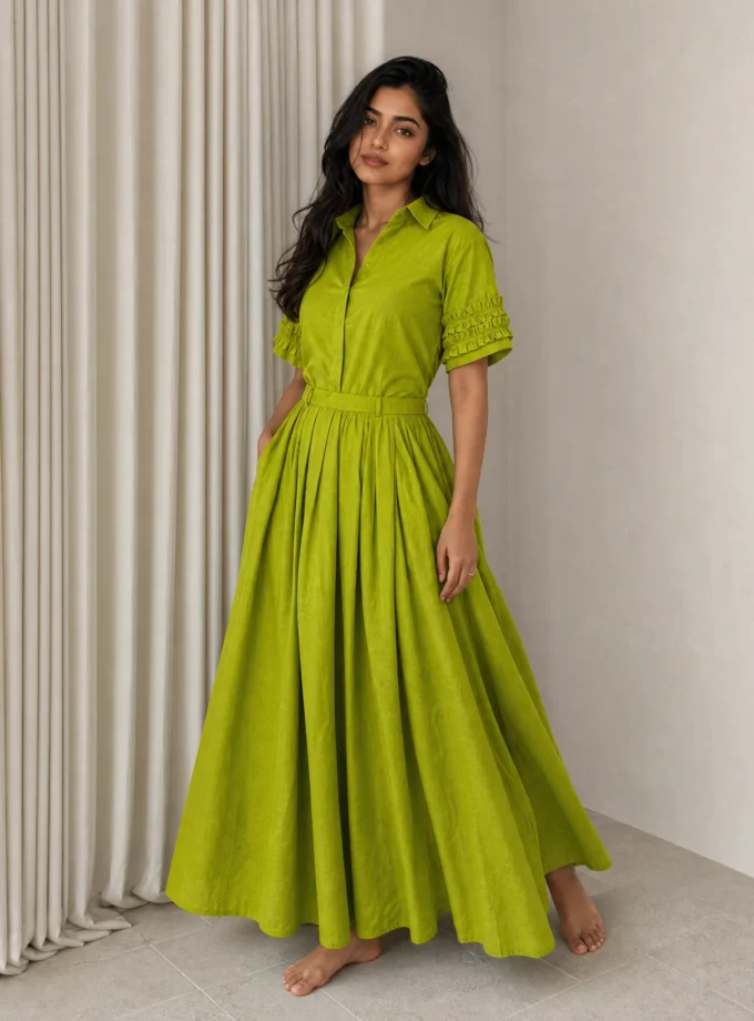 Tide — model wearing the bright green cotton crop shirt with pleated sleeve hem and the bright green gathered maxi skirt