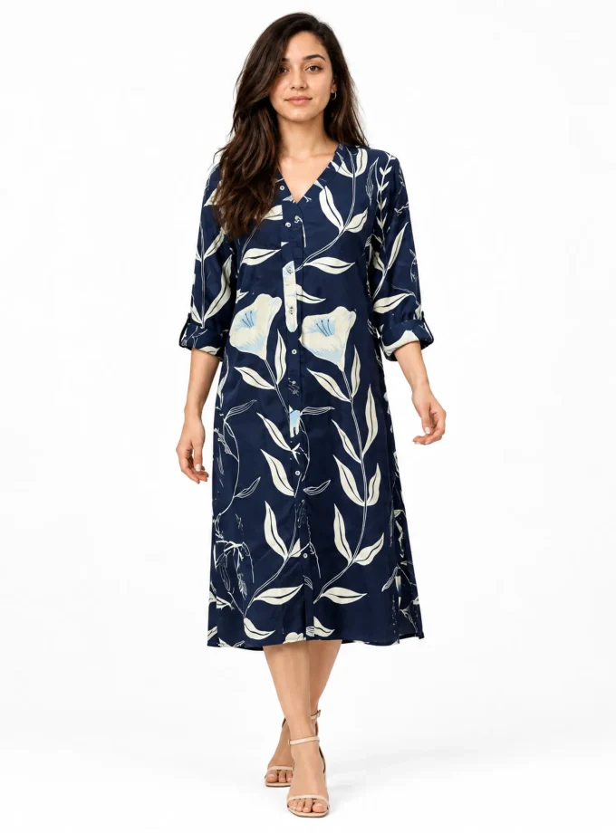 Umber — model wearing the blue forest print glaze cotton loose dress with a diagonal neckline